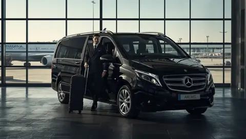 Chauffeur and Mercedes van waiting for passengers at Gatwick