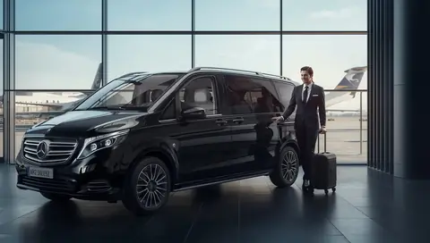 Chauffeur and Mercedes van waiting for passengers at Heathrow
