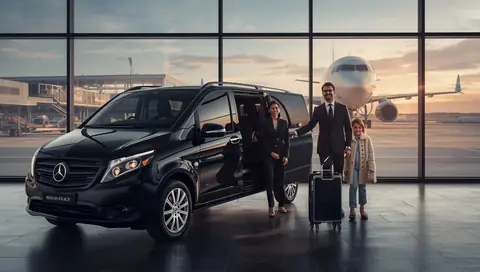Chauffeur and Mercedes van waiting for passengers at London City
