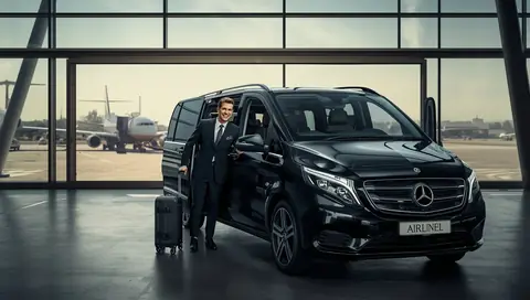 Chauffeur and Mercedes van waiting for passengers at Luton
