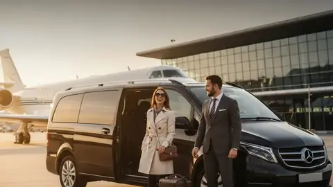 Business travellers with luggage beside a black van at an airport