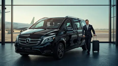 Driver with a suitcase beside a black Mercedes van
