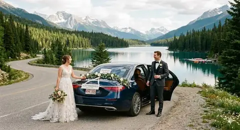 Bride and groom beside a decorated wedding car