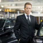 Chauffeur in a dark suit holding open the door of a black car