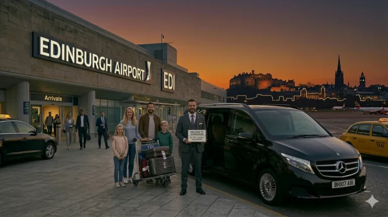 A professional chauffeur in a grey suit holding a welcome sign for a European family of four at Edinburgh Airport (EDI) arrivals, next to a luxury black Mercedes-Benz V-Class.