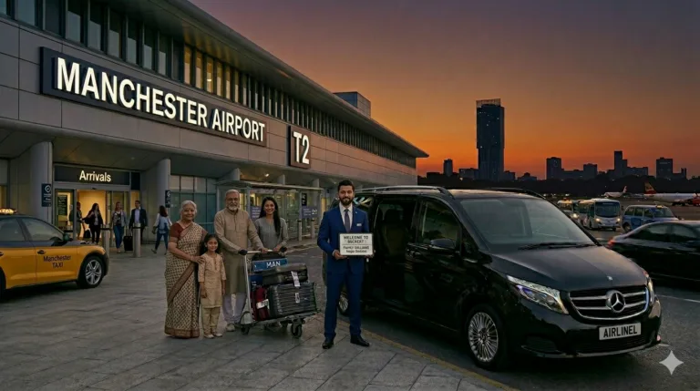 A professional chauffeur in a blue suit holding a welcome sign for a South Asian family at Manchester Airport (MAN) Terminal 2, next to a luxury black Mercedes van with an AIRLINEL license plate.